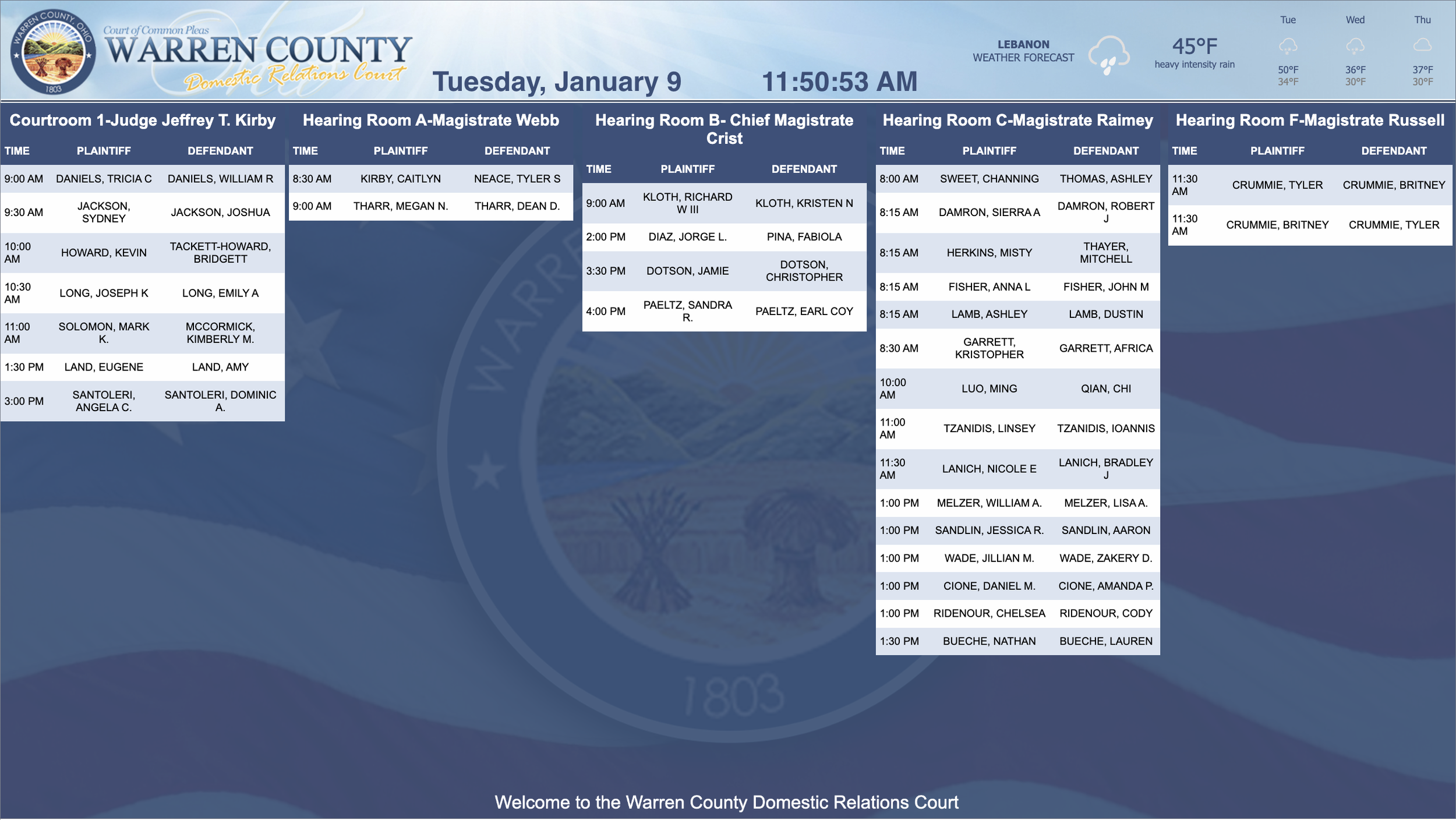 Warren County Domestic Relations Court schedule, displaying courtrooms and hearing times for various cases, weather forecast for Lebanon, and the Warren County seal in the background.
