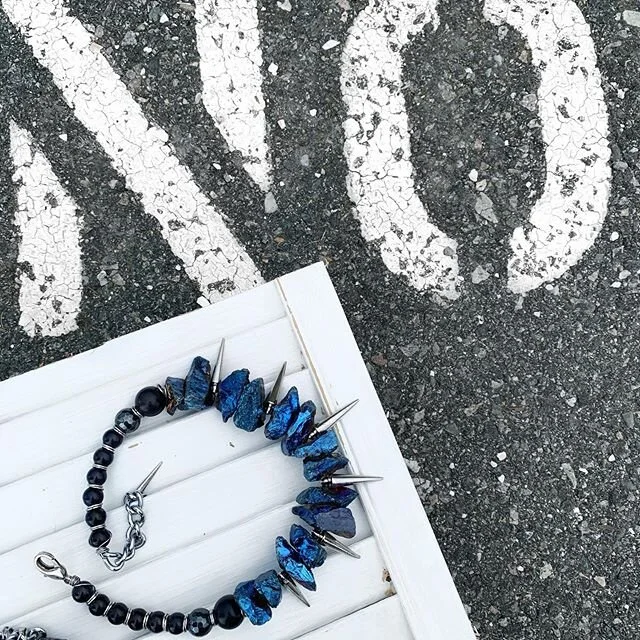 Hades in blue quartz with stainless steel and sterling silver spikes 🖤 night sky blue sandstone with hematite 
#bluequartz #bluequartzjewelry #hematite #sandstone #midnightjewelry #midnight #bluejewelry #blue #stonenecklace #stainlesssteel #stainles