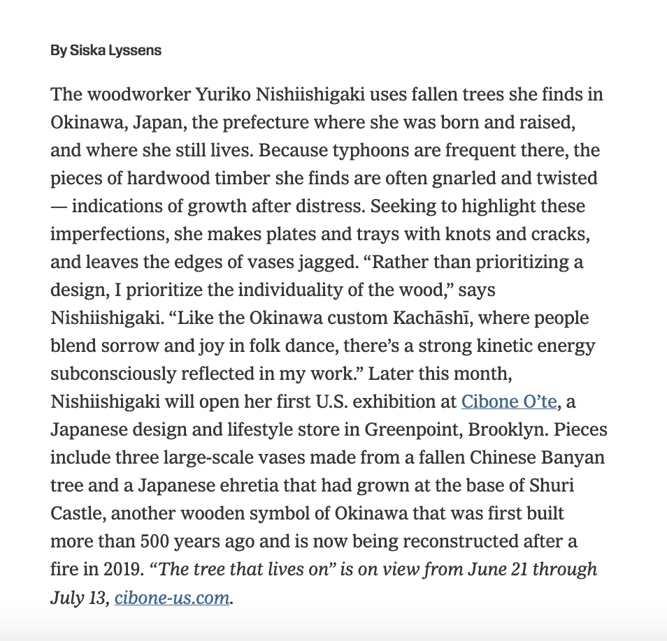 Featured in T Magazine’s T List A Japanese Woodworker’s Imperfect Objects, on Display in Brooklyn