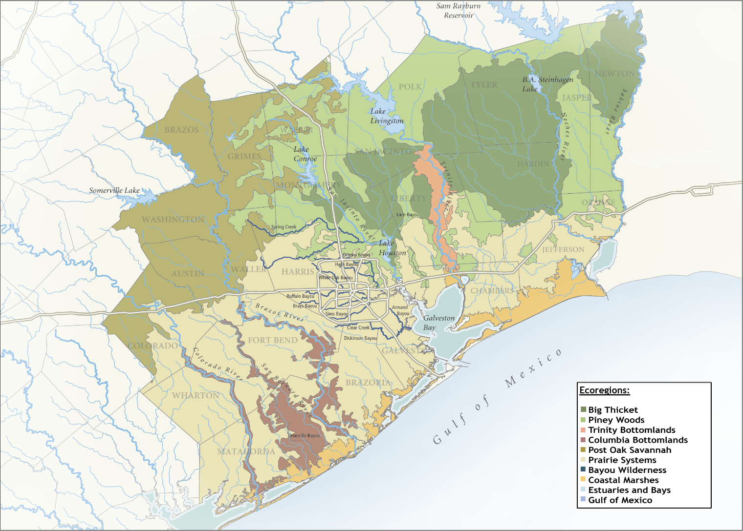 Piney Woods Houston Wilderness - IMPORTANT High Res 10 Ecoregions Map With Legend (Jan 2022) 