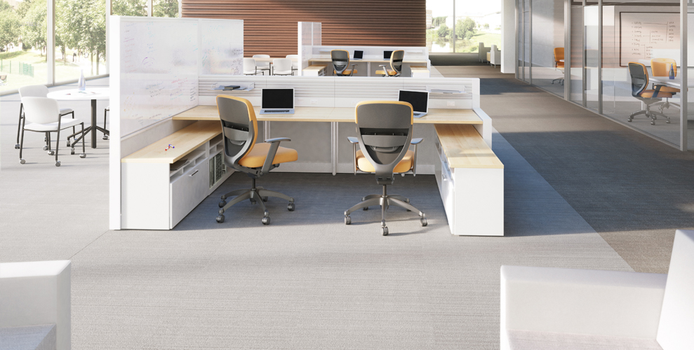  Xsite panels with footprint worksurfaces, storage and Wish seating. 