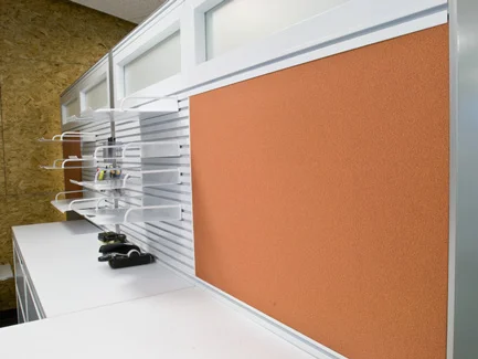 Xsite panel system with Perks work tools and Footprint worksurfaces and storage