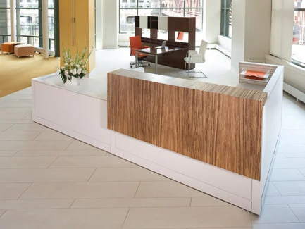 Front reception area with Xsite panels, Axos seating, and Pose benches