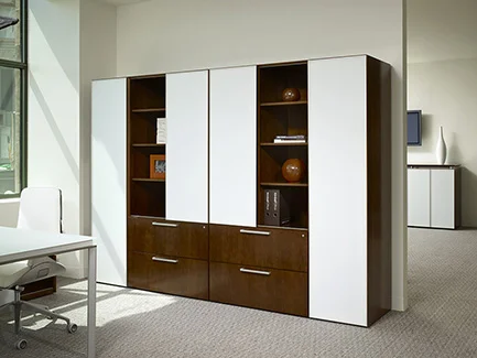 Fluent wall unit with Ice glass doors, storage wardrobe, and lateral files