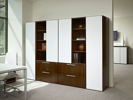    Fluent wall unit with Ice glass doors, storage wardrobe, and lateral files 