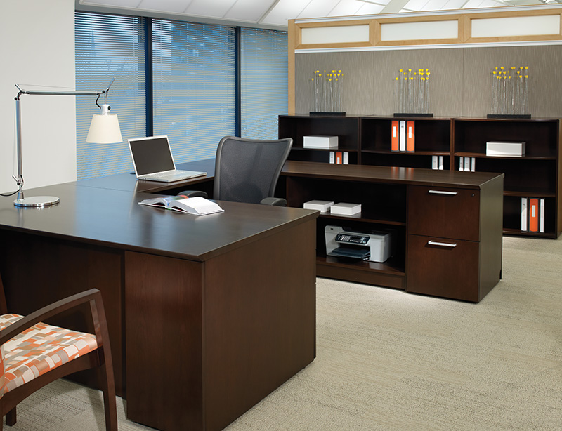    Priority desk and storage with Acapella guest seating and Skye executive seating 