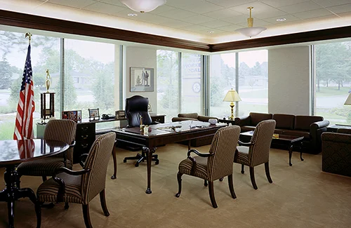 President table desk and storage with Cresent lounge and Springfield seating