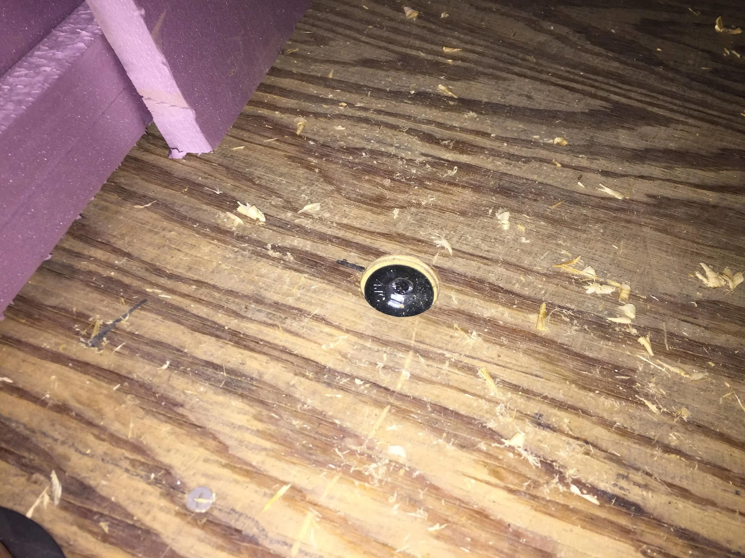 View of the insulation strap bolts from above. The top of the bolt is flush with the level of the subfloor. 