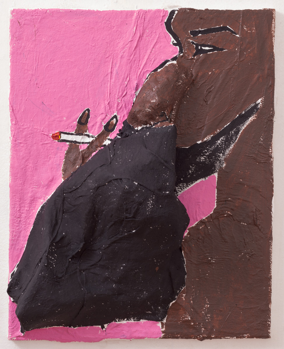 Aaron Smoking, plaster, recycled paper, and acrylic on canvas, 20 x 16", 2015