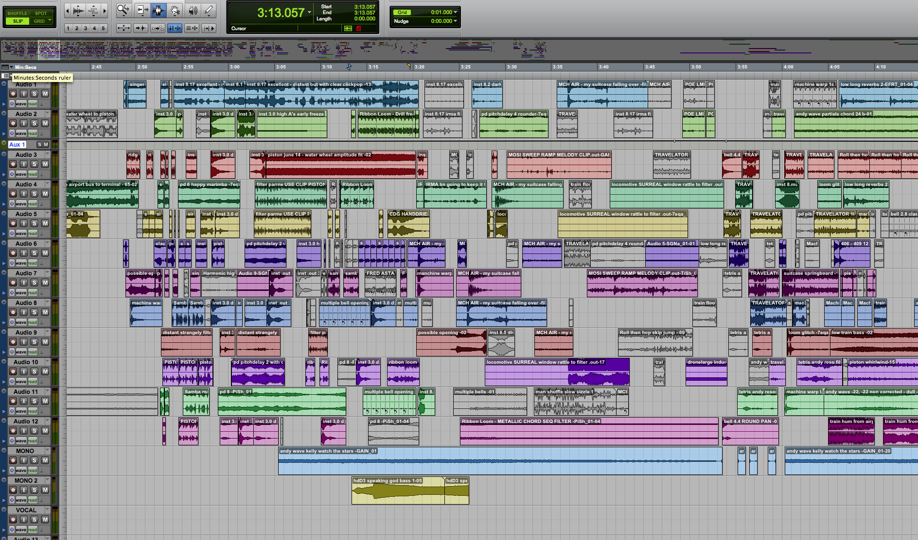 Sequencer session where again the horizontal lines persist, but instead of representing pitch, use the score metaphor to represent particular events of either recorded tracks or programmed pitches of electronically sampled instruments