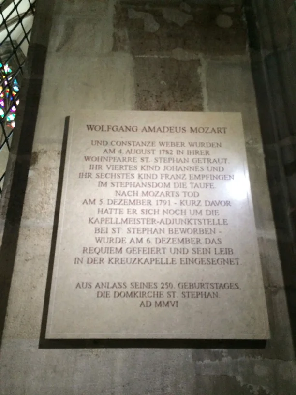 Mozart Plaque in St. Stephen's Cathedral—he and Constanze were married here, his memorial with the Requiem was performed here. 