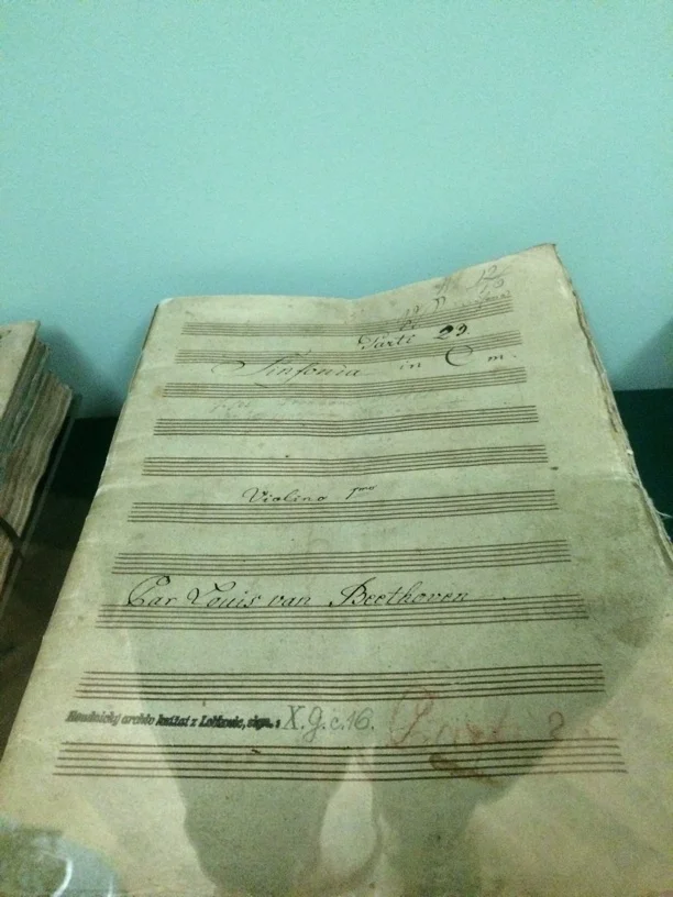 Original orchestra parts for Beethoven's 5th! The descriptive plate said that Beethoven's corrections were in the parts, but only the cover was displayed.
