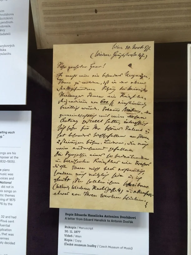 Letter from Edward Hanslick to Dvorak letting him know that he won a scholarship from Germany and that Brahms was especially impressed with his work. This was to be Dvorak's big break.