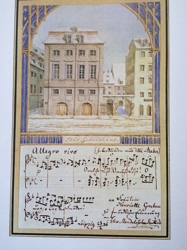 Imagine receiving this incredible original artwork and manuscript postcard of the Gewandhaus in the mail from your friend Felix Mendelssohn!