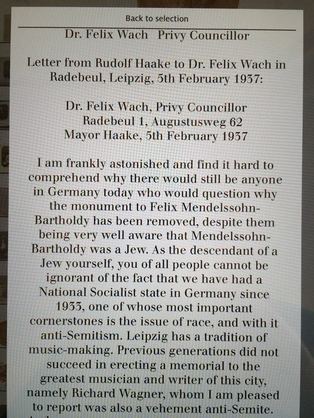 Translation on display at the Mendelssohn House of the Mayor of Leipzig's letter of response to Mendelssohn's grandson regarding the removal of the Mendelssohn monument in 1936.
