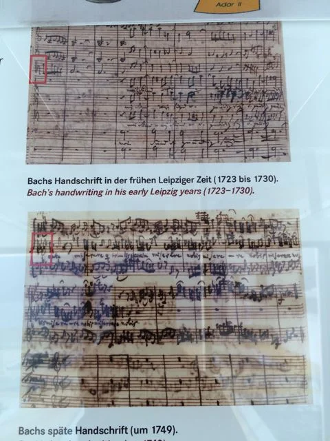 Bach's manuscript in his early and late Leipzig years—the red boxes show the difference in the way he drew C clefs.