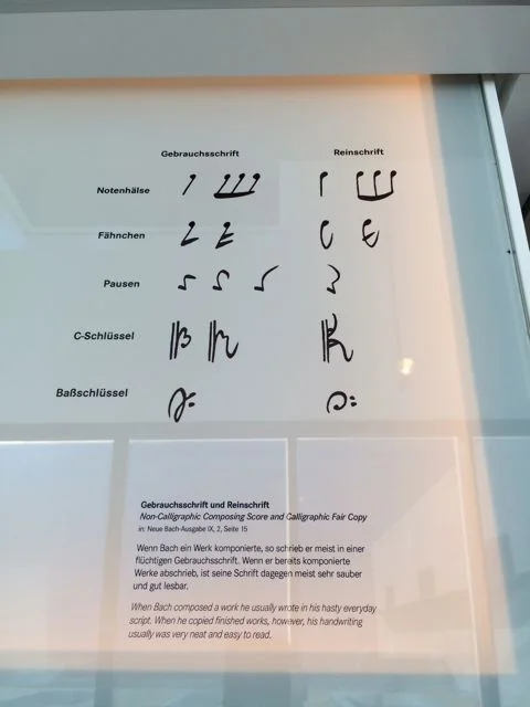 Examples showing the difference between Bach's hurried everyday manuscript and his final careful style. Notice that when writing quickly, his note stems are on the right side of the head instead of the left. I notice this with other composers as well. I used to think this meant they were left-handed like me, but I guess that's not the case!