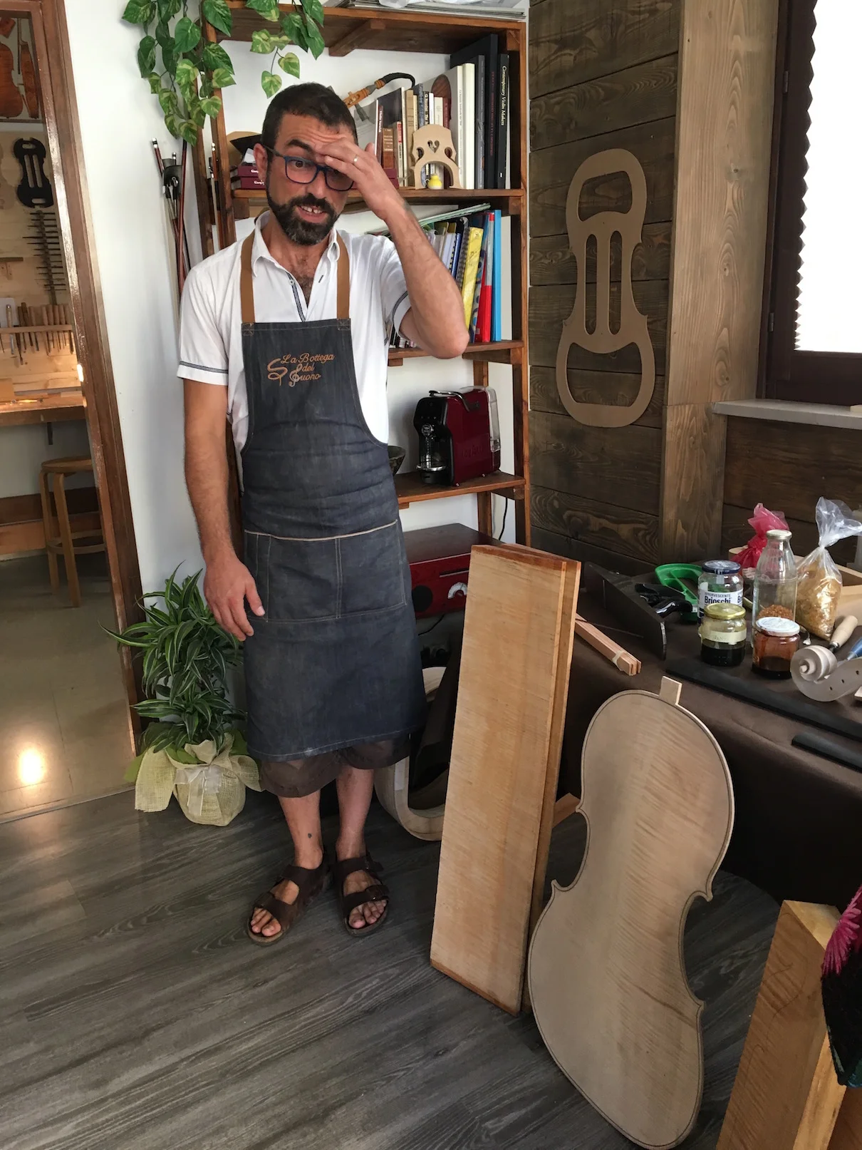 This young Cremonese luthier walked us through all the steps to creating a cello. We learned that most of this craftsmanship uses the same tools as in the 17th century. Some of the modern adjustments are just convenience—ultraviolet lights, for instance, to dry oil varnish faster. Luthiers average about one new instrument per month.