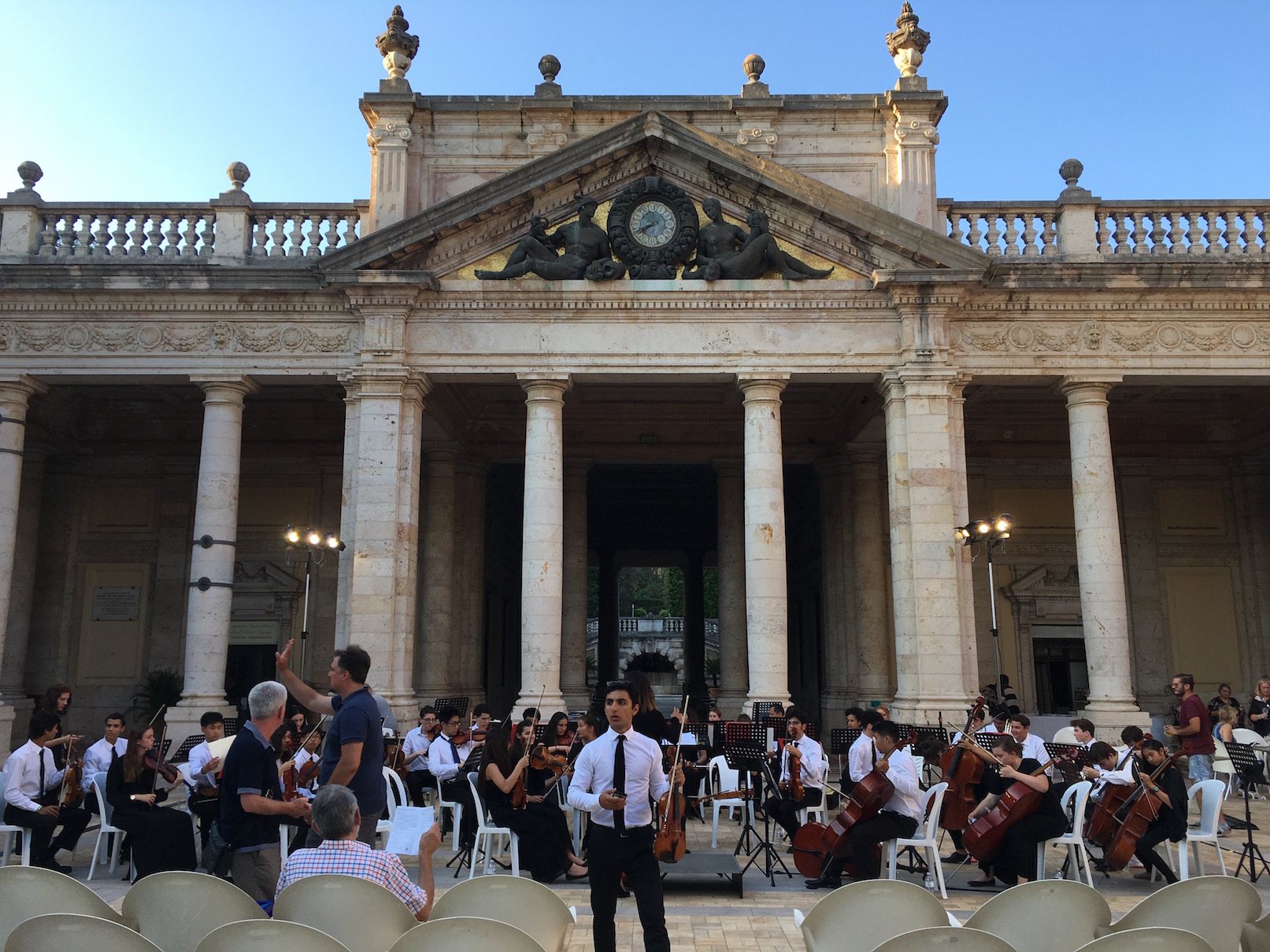 This was the beautiful outdoor venue in Montecatini. The acoustics are excellent because the floor, walls, and columns are all polished marble. This concert went late into the evening with a cheering full audience.