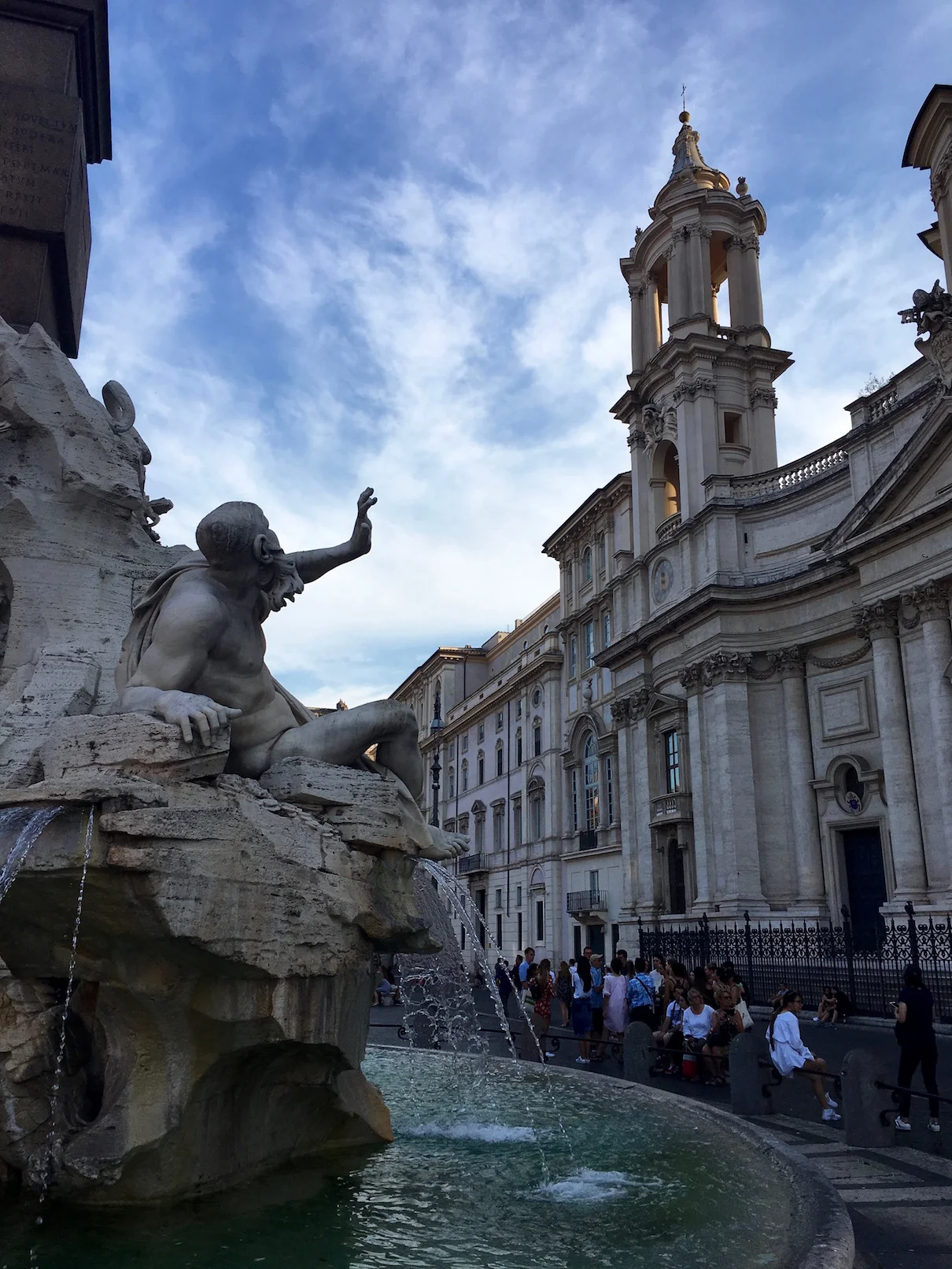 Our final concert was in Rome directly across from this incredible Bernini fountain in Piazza Navona—the Fountain of the Four Rivers. The "in joke" that I captured here was that Bernini was a competitor with the architect Borromini who was creating the chapel directly across from the fountain. You can see the sculpted figure seeming to recoil from his view of the chapel, as if Bernini is giving his criticism of his competitor. It makes a great story, but alas seems to be apocryphal.