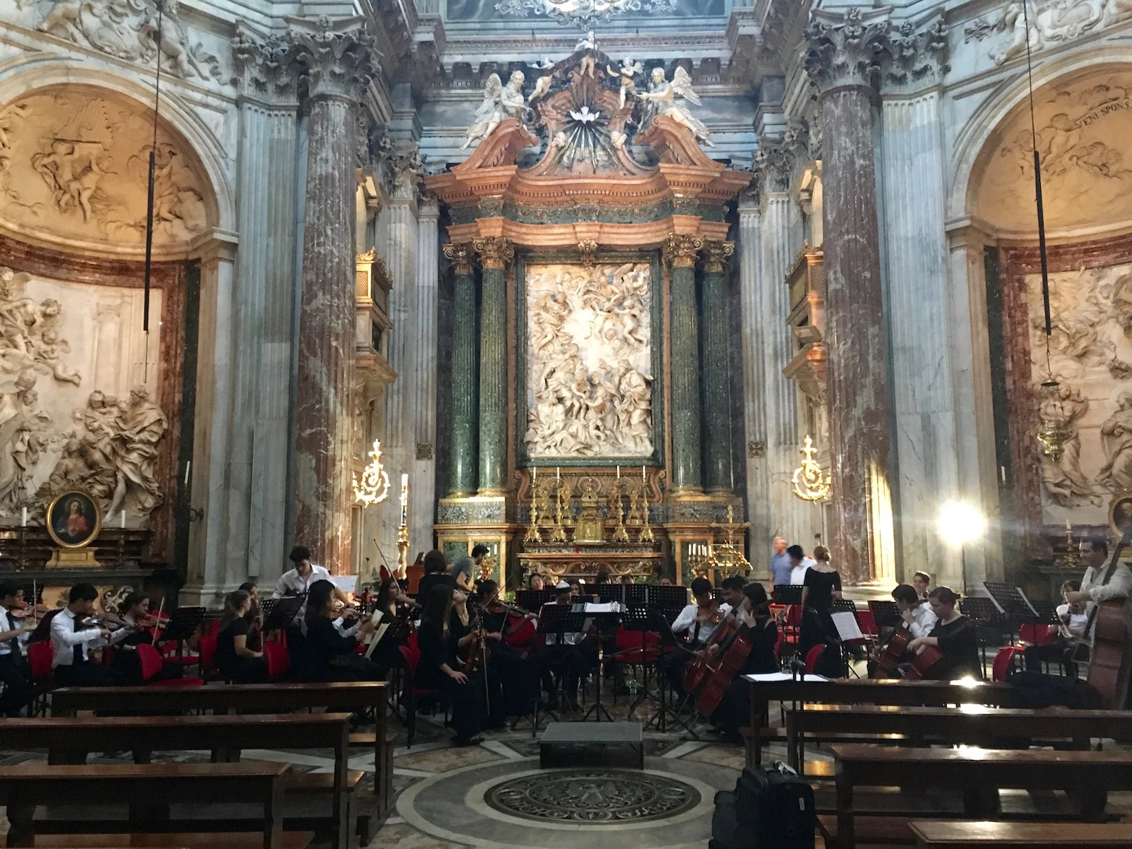 Here is the interior of that chapel—called Sant' Agnese. If Bernini was critical, it must have been with envy. This is one of the most stunning interiors we have ever played. The reverberation is huge but very pleasant. This final concert had a standing room only crowd. The orchestra really focused and we gave a beautiful interpretation especially of Beethoven's Coriolan Overture and Schubert's Unfinished symphony.