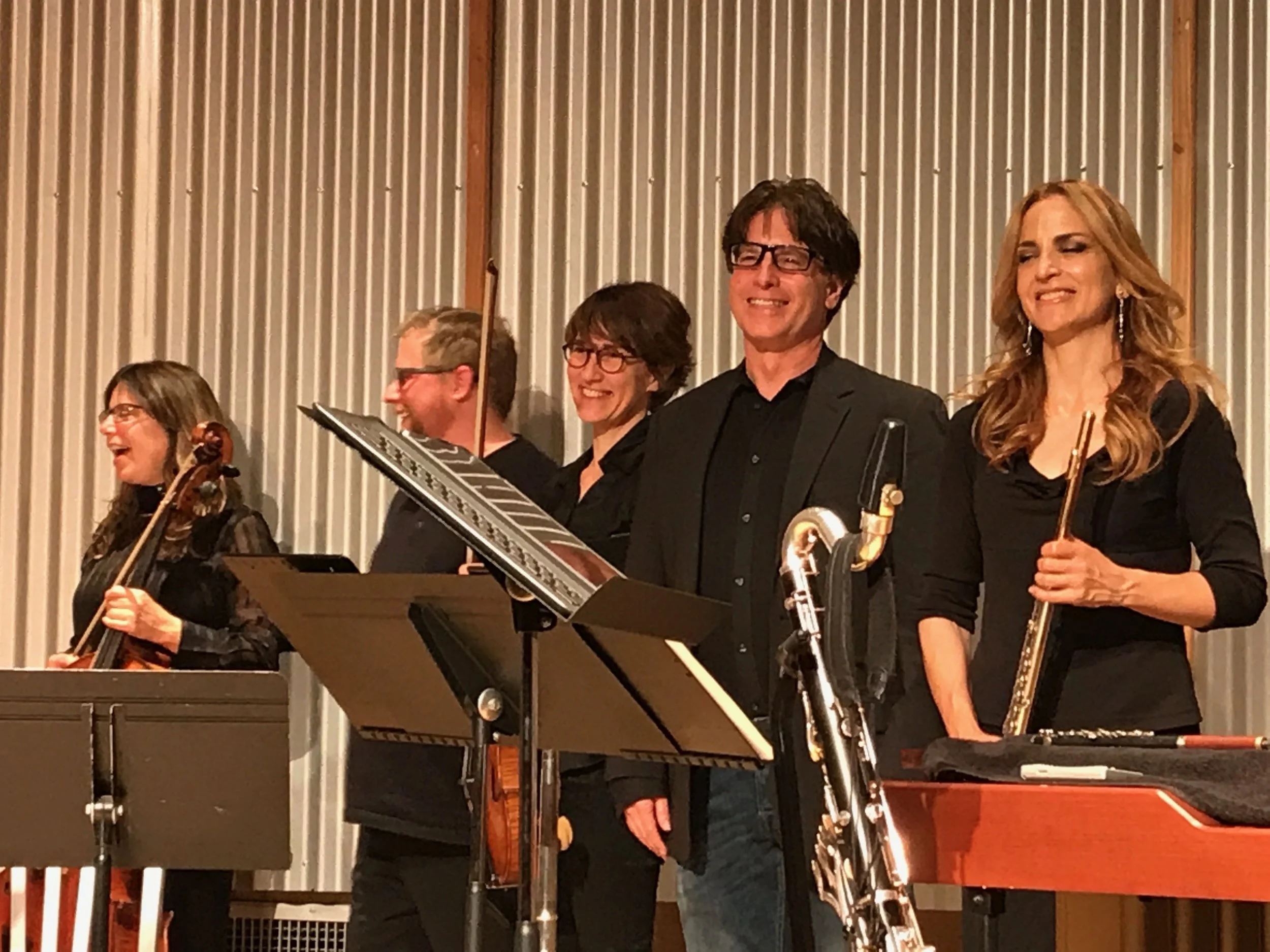 A delighted composer joining Brightwork newmusic on stage after they played Subterranean Dance.