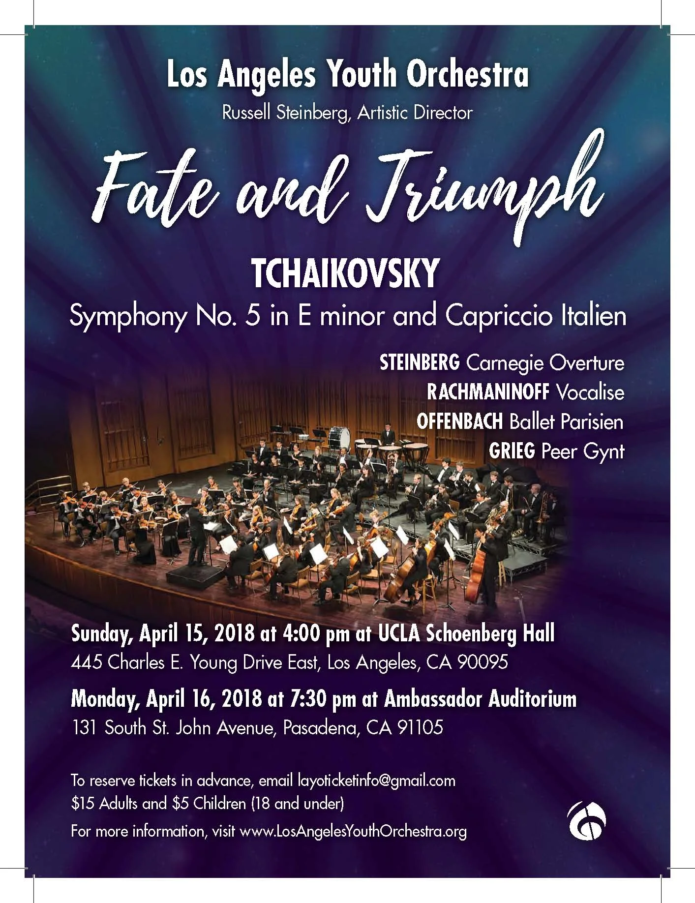 Russell Steinberg conducts the Los Angeles Youth Orchestra, a group of 120 students from all over Los Angeles Program: Tchaikovsky Symphony No. 5, Capriccio Italian Steinberg Carnegie Overture Offenbach, Ballet Parisien (conducting intern Adam Karelin) Rachmaninoff Vocalise Grieg Peer Gynt Suite