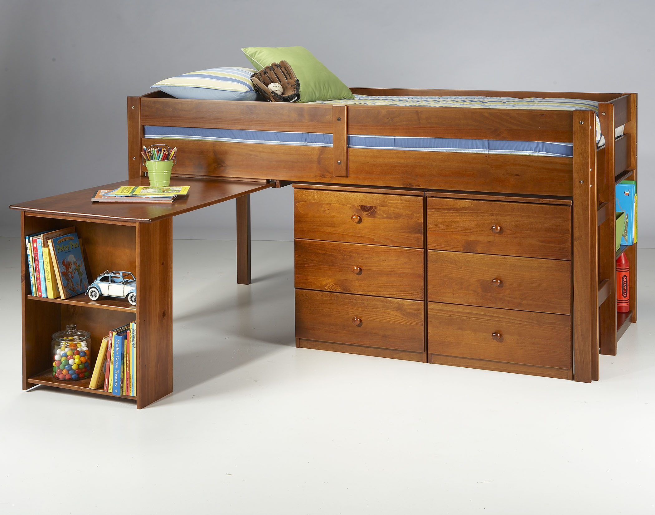 Mini-loft with slide-out desk and chest