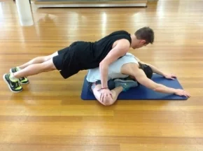 Image: pennylomas.com.au 3. Particularly good for stretching the adductor muscles and the pectineus, this advanced frog stretch is great for people who no longer feel a stretch with the standard unassisted frog stretch. The added weight of your partner allows you to relax the muscles instead of keeping them tensed, and access a deeper range of rotation. Do NOT force the knees flat if this stretch doesn't come easily.