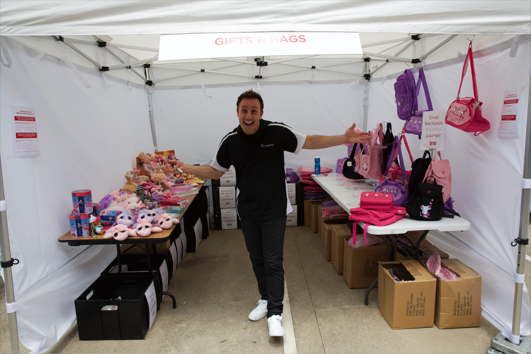Team member Dom reigning over his Gift Bag kingdom. *Oops we mean 'stall' *