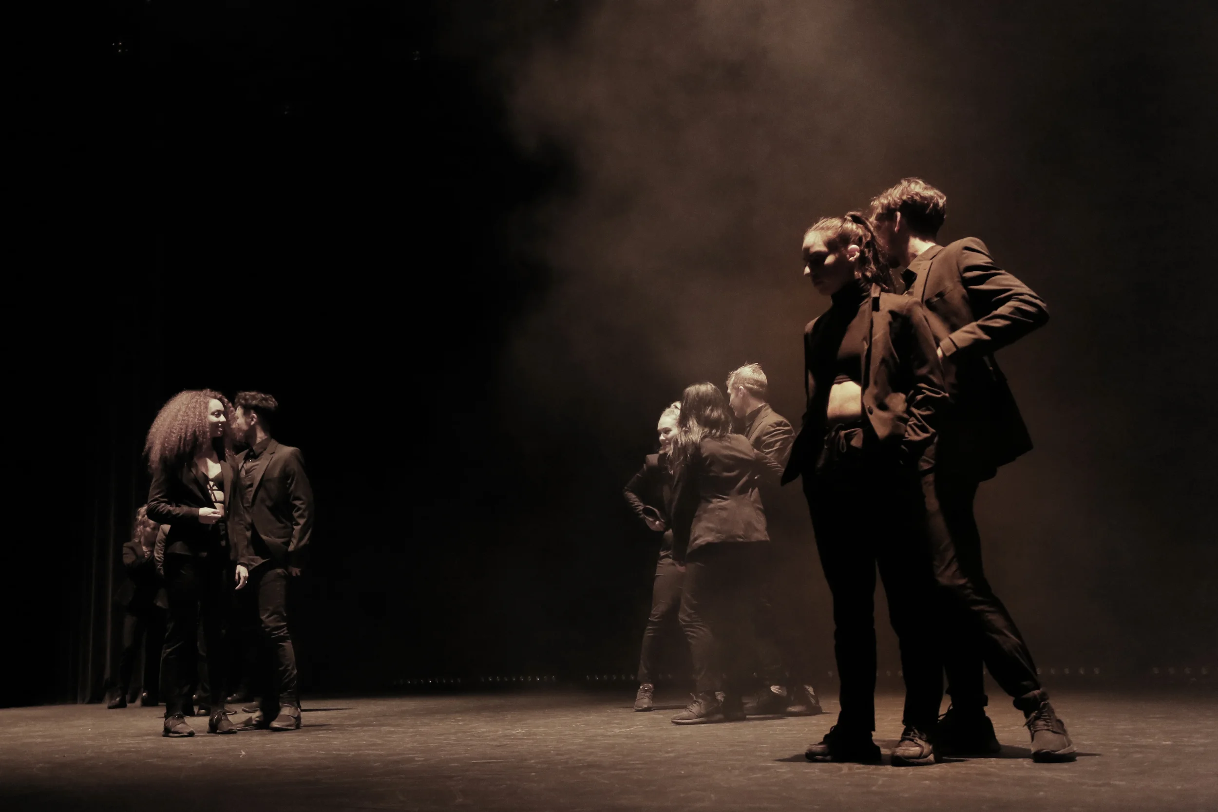 Cat on-stage rehearsing The Secret Society in Sydney with David McLean and fellow Dream Dance Company dancers