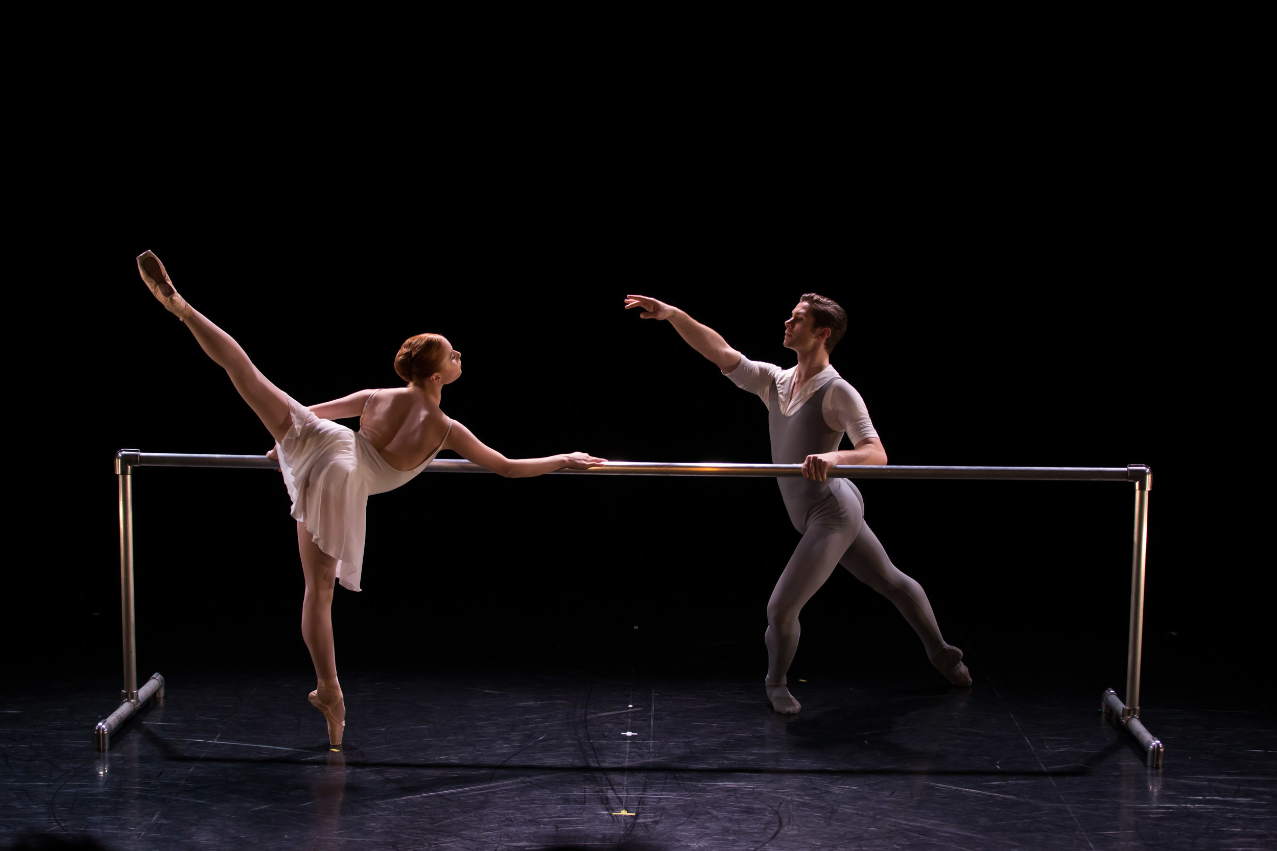 Mia on stage with Alexander Idaszak in Ben Stevenson’s Three Preludes for the Queensland Ballet. Photography: David Kelly.