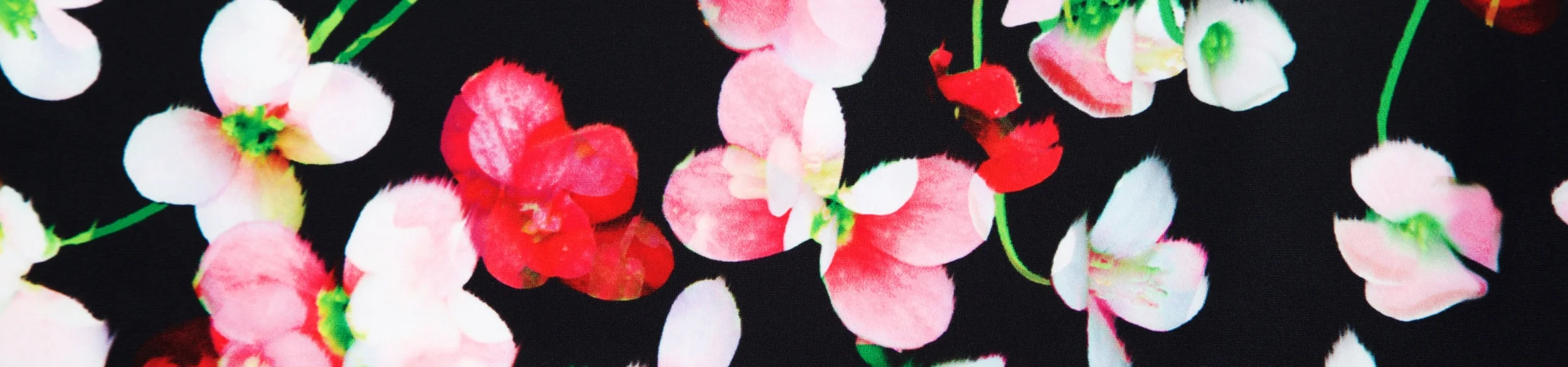 Both elegant and fun, the Oriental Bloom print showcases a feminine colour palette that blends together floral pigments in a swirl of pale pinks and bright fuchsia hues, accentuated against a striking black canvas.