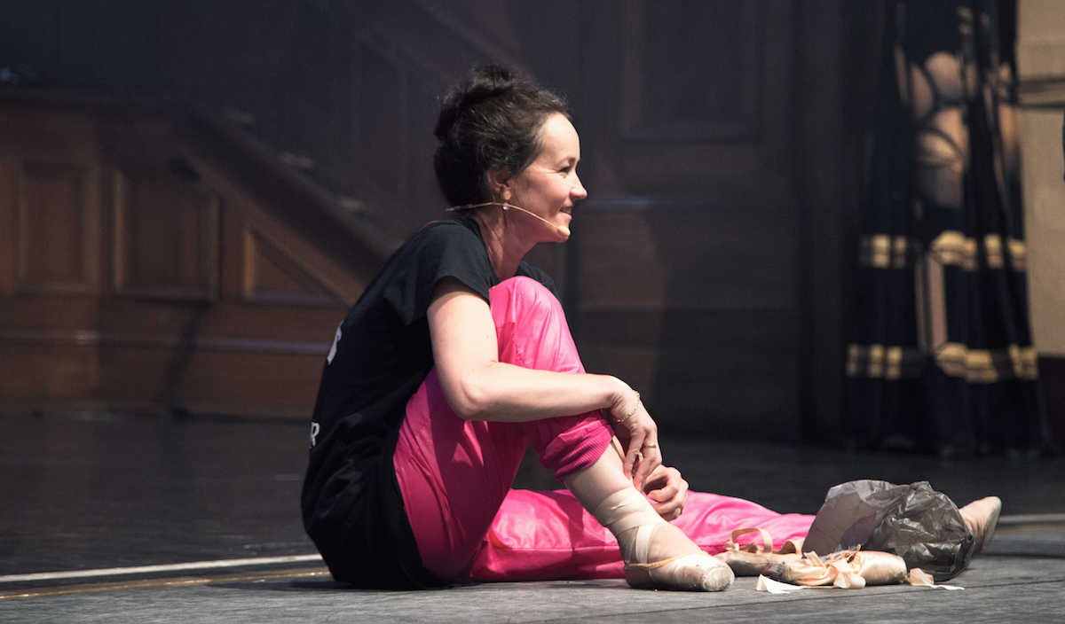 Lucinda putting on her pointe shoes just before dancers broke the World Record for the greatest number of ballet dancers on pointe consecutively at VDF 2017.