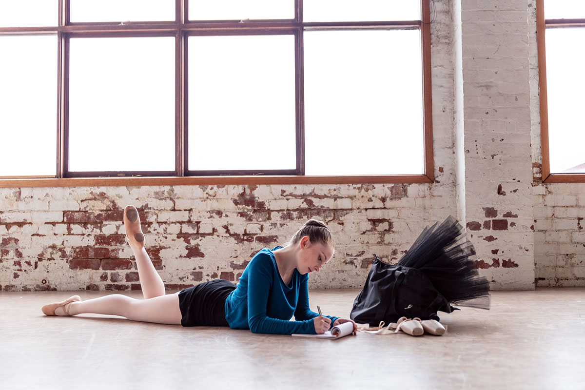 Maeve wears the Révélation Mesh Split Sole Ballet Shoes , Merino Wool Roll Top Shorts and the Merino Wool Ellen Top