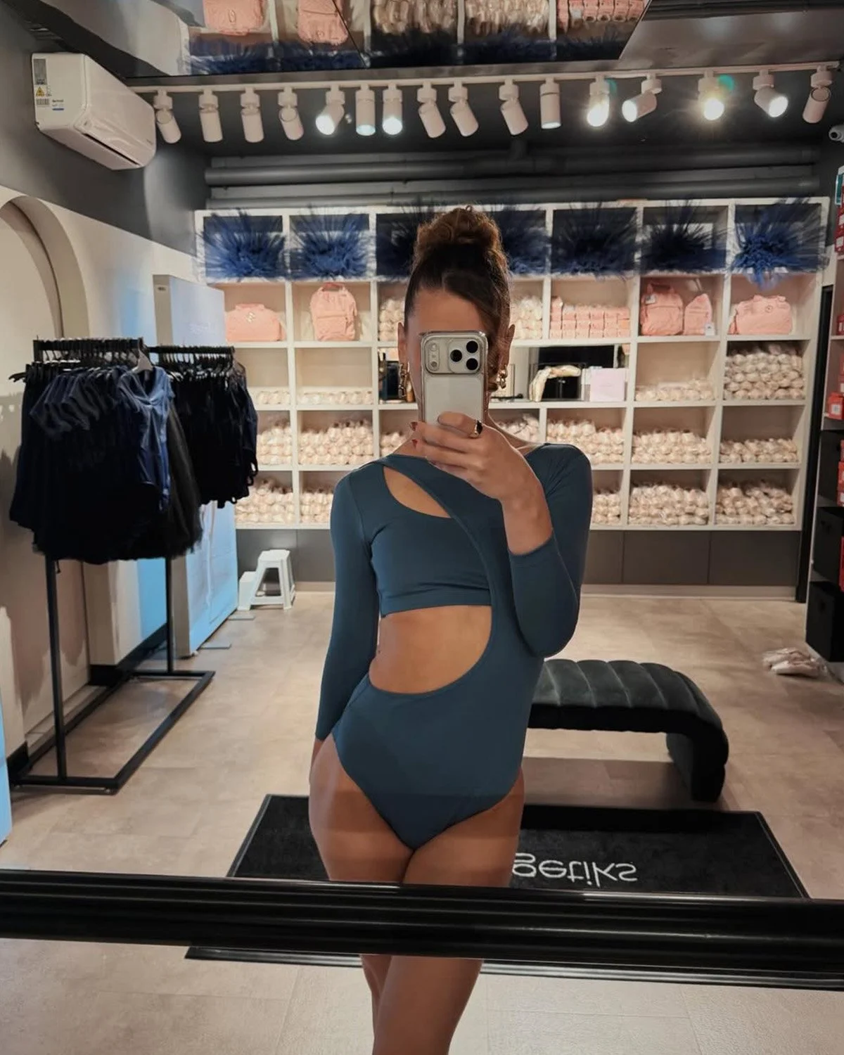 Felicia wears the Xenia 3/4 Sleeve Leotard