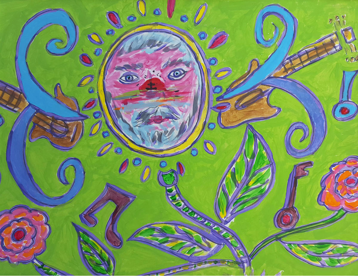 Joe Buffardi . Sunset in Joey B Minor , acrylic on paper, 19 x 24" When Joe moved to California from Philadelphia, he saw his first sunset. He recalls, "It felt like I was a mirror with the sky reflecting off of my face. I love music and nature, so this, too, was added to my score."