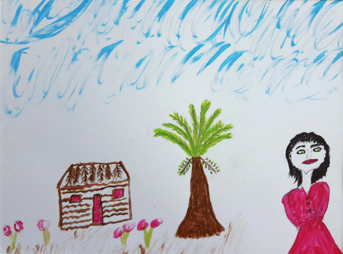 Lidia Tena . Recuerdo de Cuba , acrylic on paper, 19 x 24" Here, Lidia paints herself at age 15, standing upon Cuban soil. She recalls the clear blue Cuban skies and its crystal waters. She remembers the palm tress from which her family gathered the fronds to build the roof of the home into which she was born. 