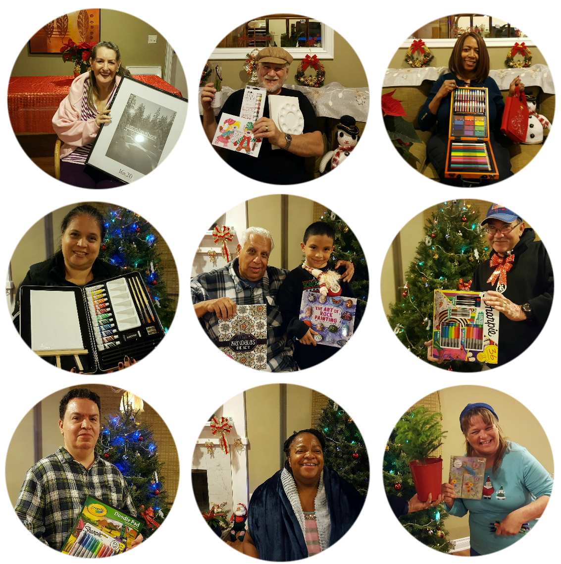FOR OUR GIFT EXCHANGE, MANY OF US RECEIVED ART SUPPLIES: TRAVELING ART SETS, TABLE EASELS, ASSORTMENTS OF DRAWING UTENCILS, PICTURE FRAMES, JOURNALS, SKETCHBOOKS, PAINTING KITS, AND SOFT THROWS TO WRAP OURSELVES IN WHEN WE'RE UP LATE DRAWING AT THE KITCHEN TABLE ON A COLD WINTER NIGHT. top row: claudia, joe, and la verne. middle row: maria, pedro y parer, and ron segura. bottom row: ron, sharonda, and terri.