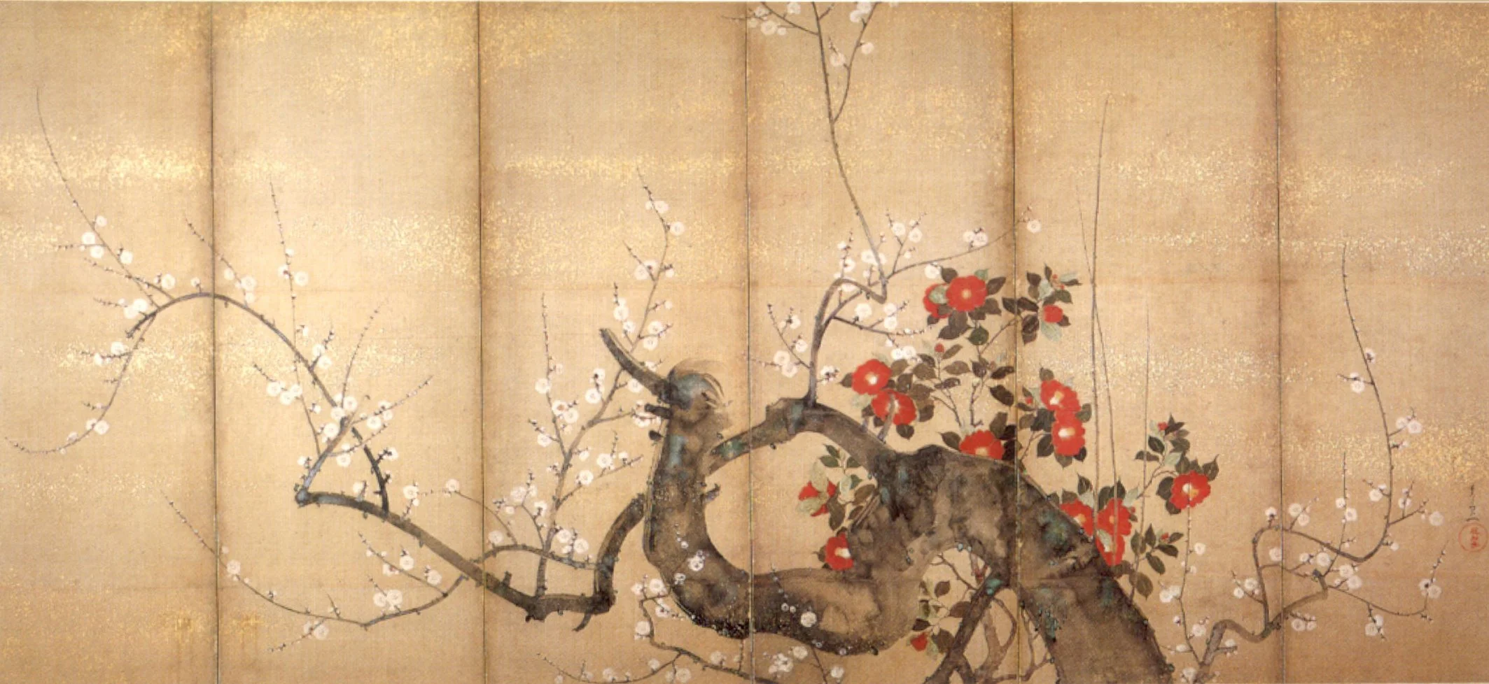 Flowering Plum and Camellia , six-fold screen by Suzuki Kiitsu, c. 1850s, ink, color and gold on paper, Japanese