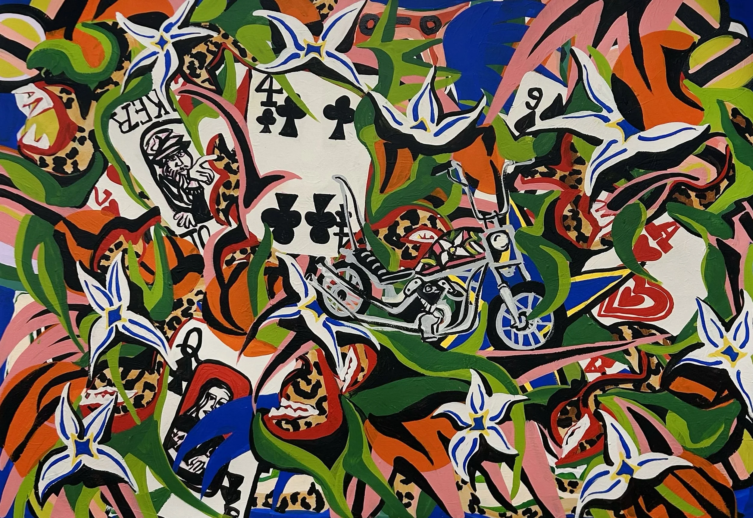 Tropical Cards with Oranges and Motorcycle 54" x 40"