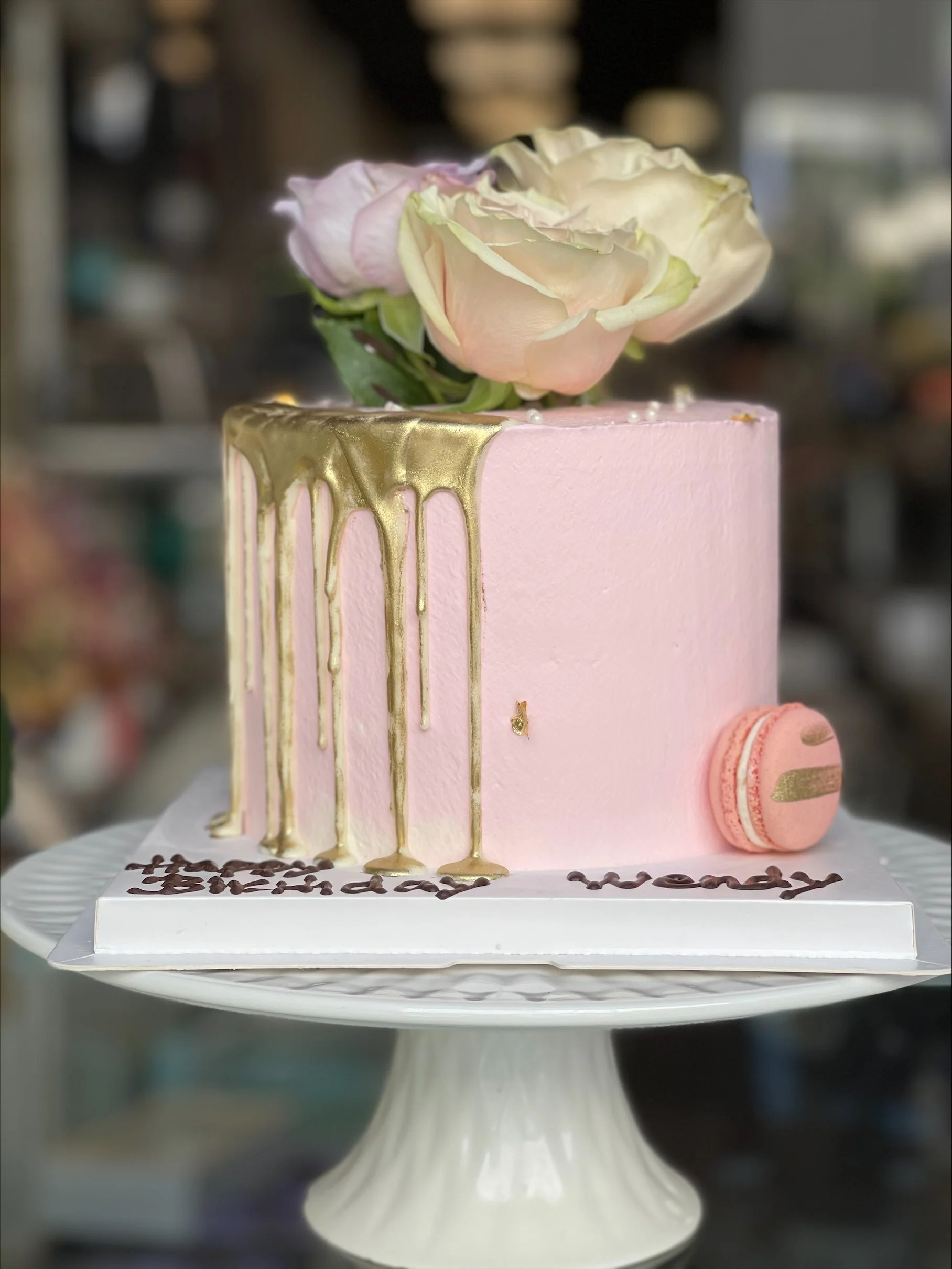 Pink Fresh Fruit Whipped Cream Cake with Roses