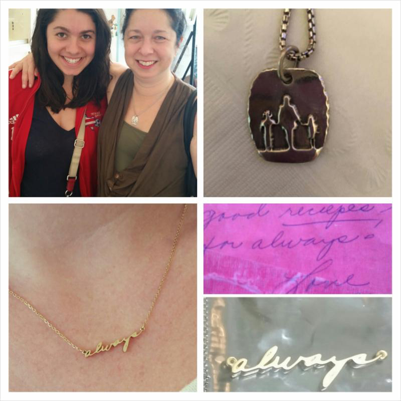 Top: This silhouette pendant was created from a photograph taken of this Mom with her two daughters at the beach years ago. Bottom: Her Grandmother wrote her letters that signed off with "always". She now has her "gam-gam" with her always...