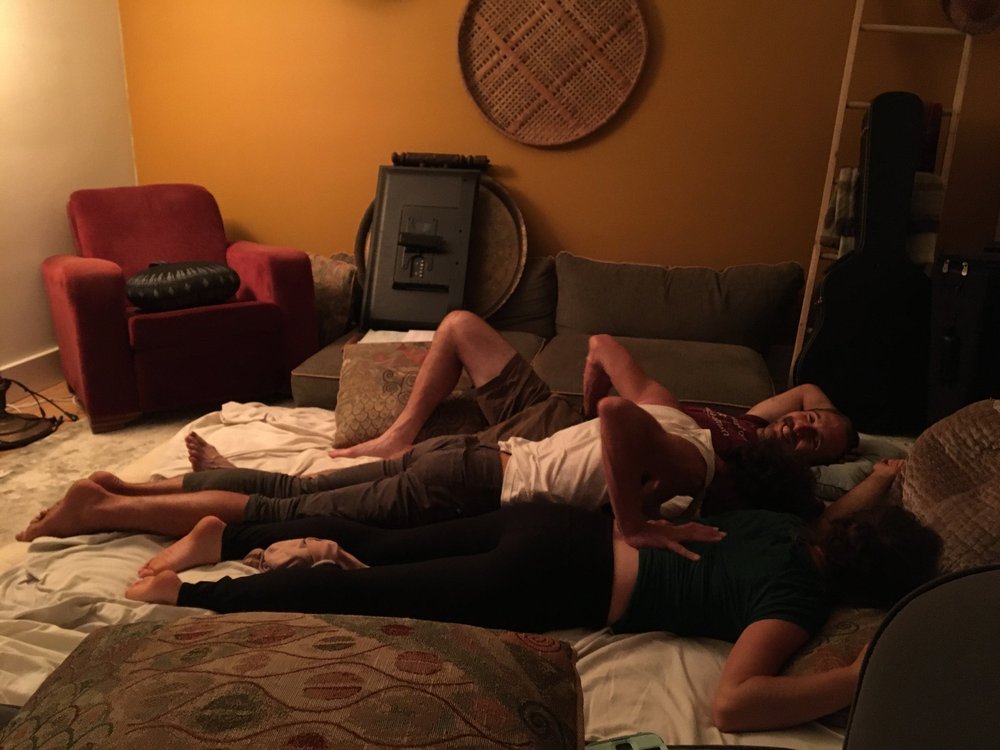 Hanging out in the living room, massaging and cuddling