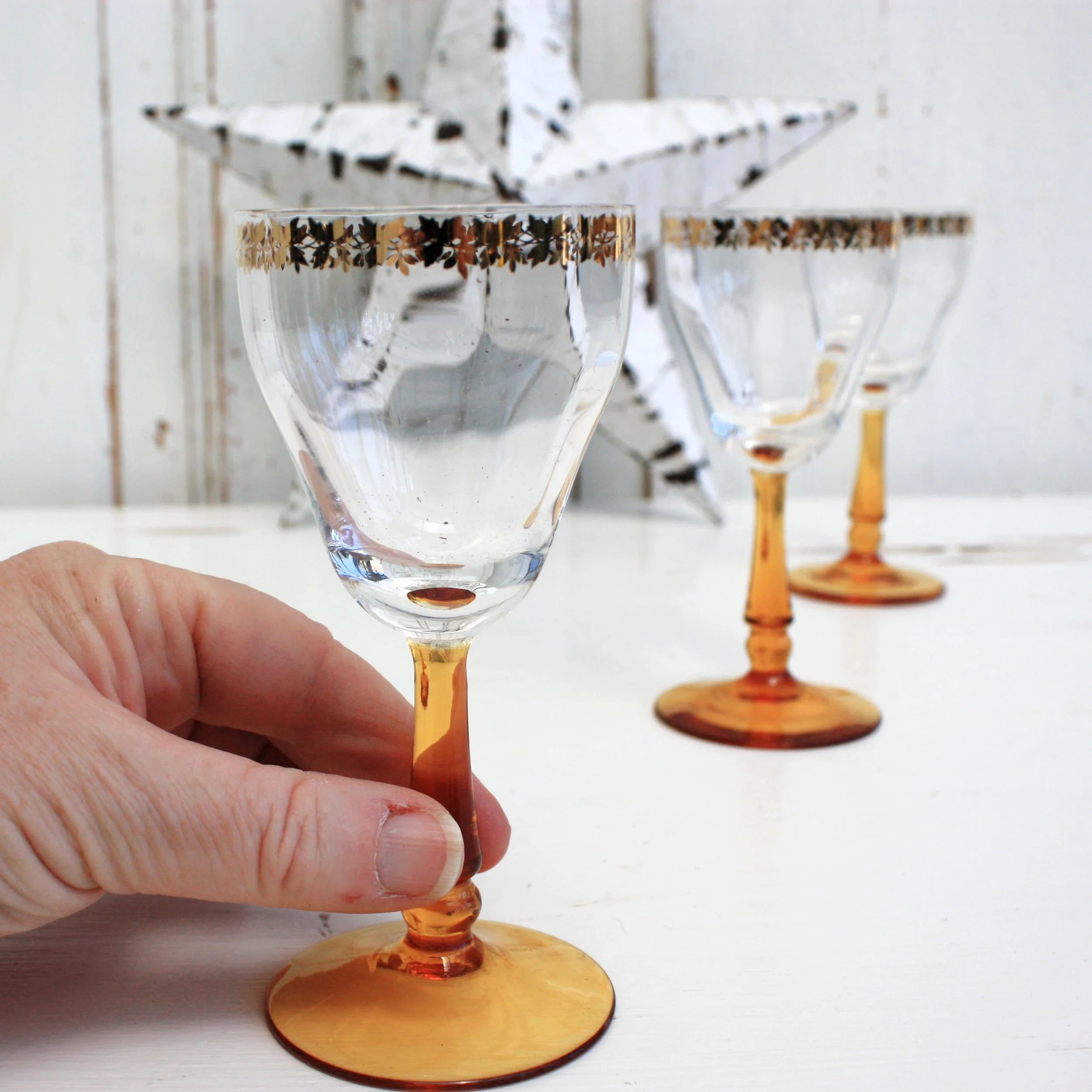 Four 60's Amber Stemmed Glasses with Gold Detail — RESTORED 2 B LOVED