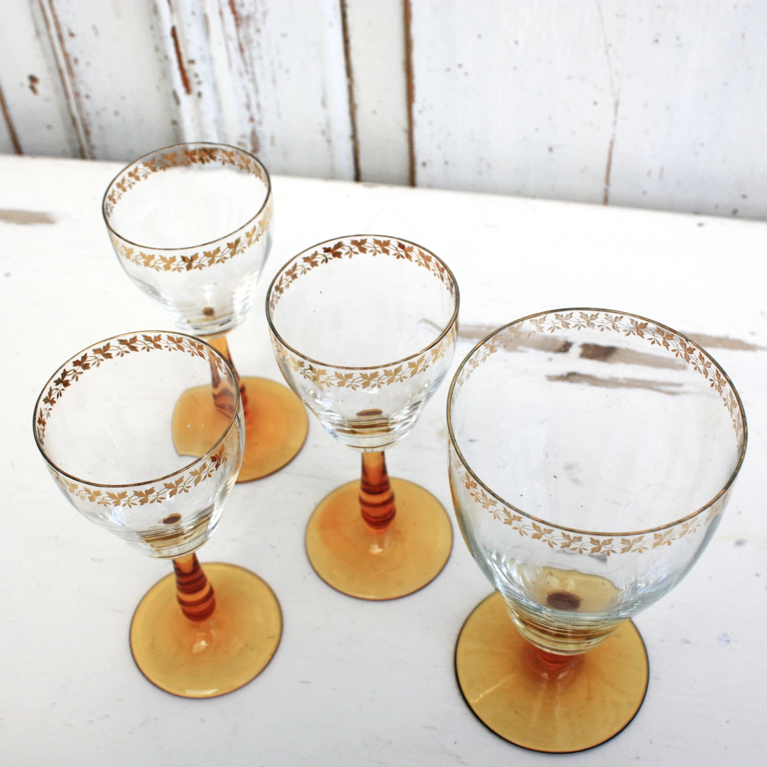 Four 60's Amber Stemmed Glasses with Gold Detail — RESTORED 2 B LOVED