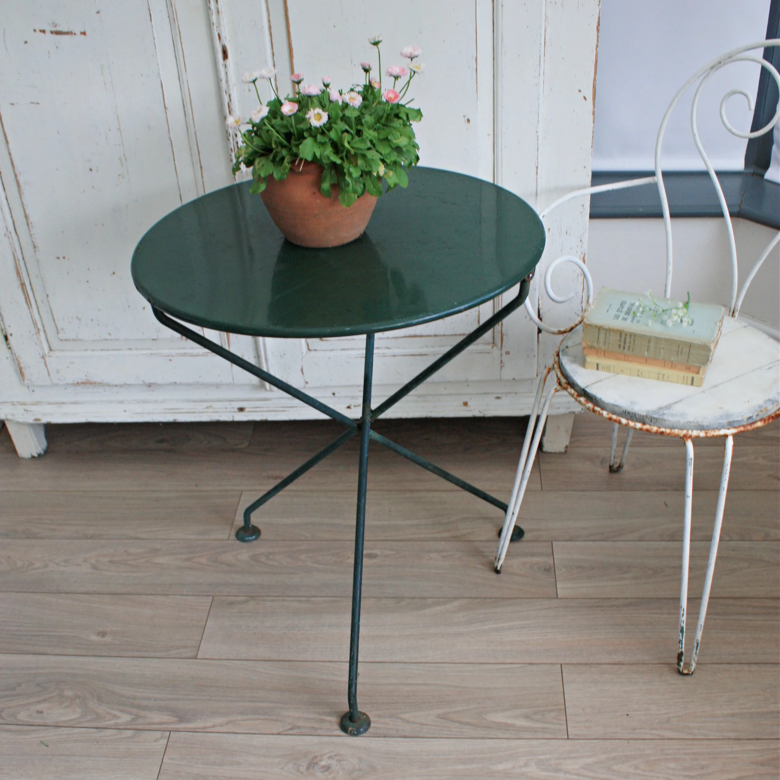 French Vintage Green Metal Folding Garden Table — RESTORED 2 B LOVED