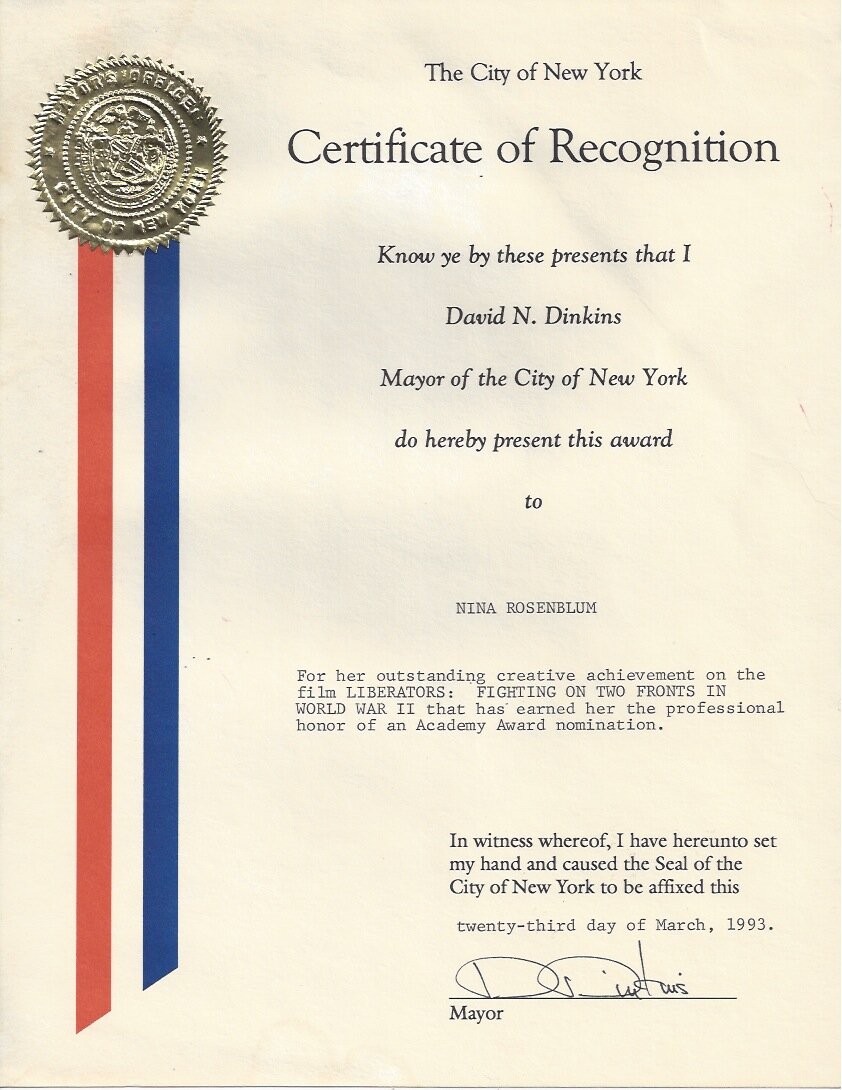 Certificate of Recognition from the City of New York, 1993 in honor of an Academy Award nomination.