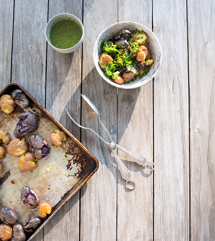 The Best Crispy Smashed Potatoes Shishitos And Chives Whats Cooking Good Looking