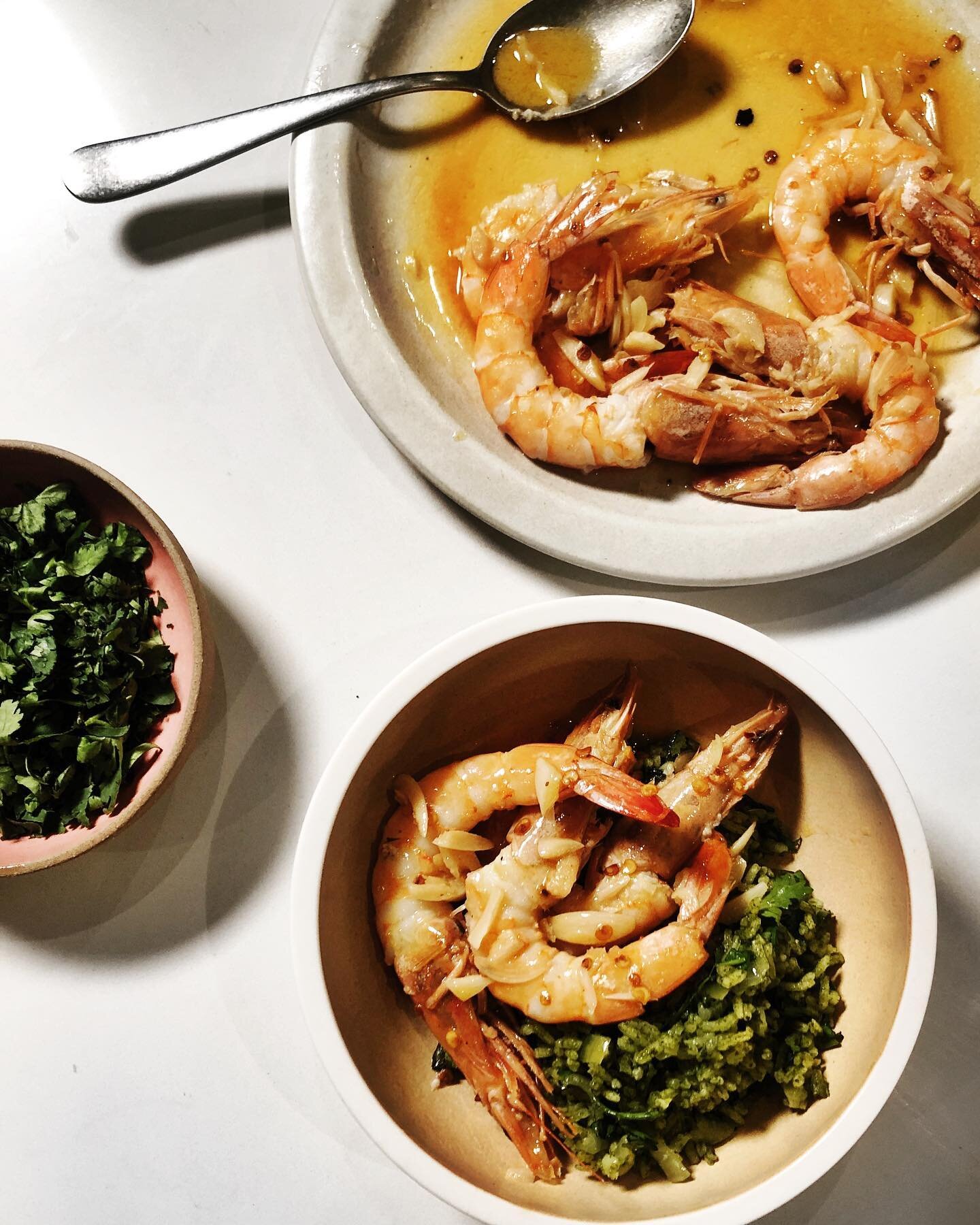 green RICE + garlic chili SHRIMP | a recipe + a short essay about my long time love for garlic shrimp (or shrimp scampi!)&hellip; a recipe I&rsquo;ve perfected after making 100s of times, with a trick for using the peels reduced in wine for an extra 